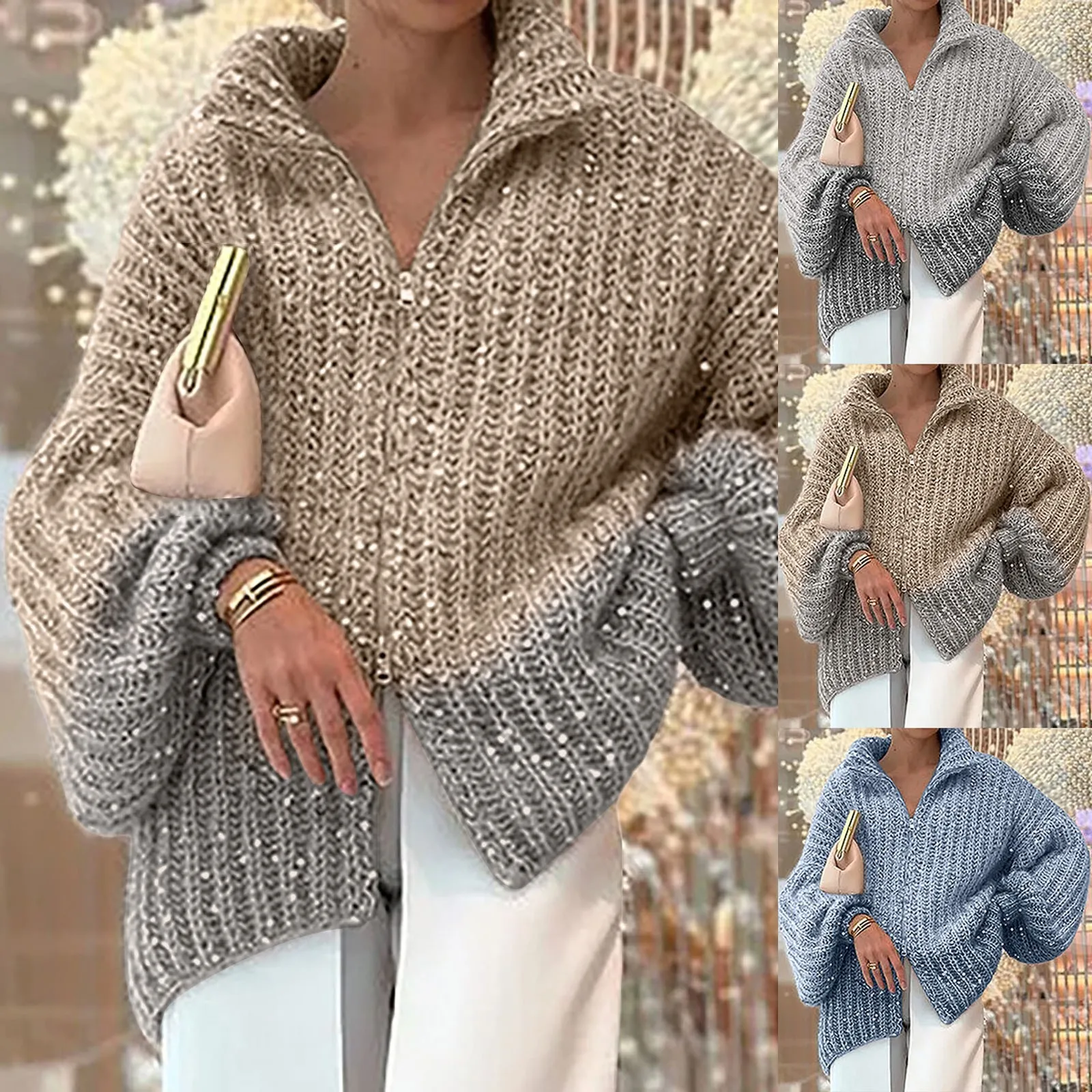 

Patchwork Sequins Sweater Cardigans Women Casual Knitting Stand Collar Lantern Sleeve Spliced Zipper Minimalist Female Sweaters