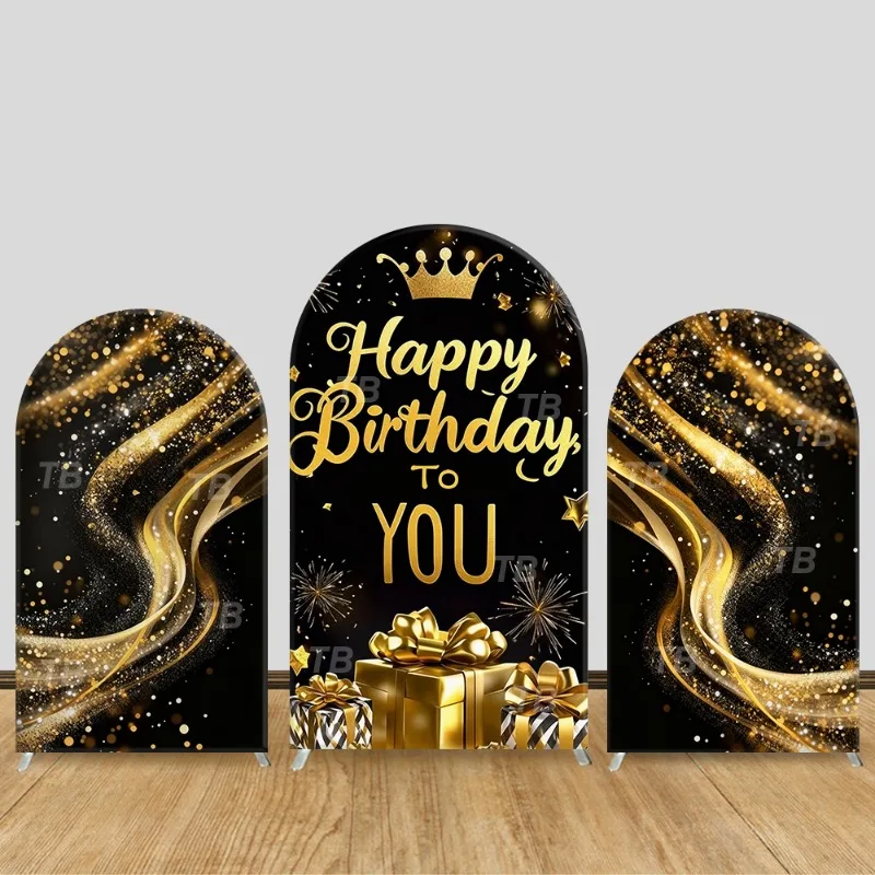 

Black Gold Crown Happy Birthday Arch Backdrop Cover Luxury Gift Firework Theme Party Decor Photo Booth Background Celebration