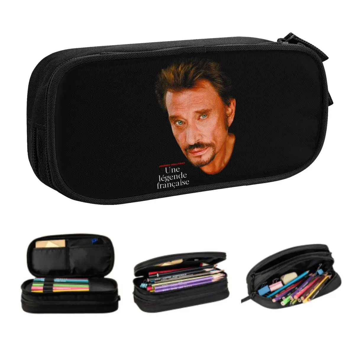 Custom Korean Cool Johnny Hallyday French Singer Pencil Cases for Rock Music Large Storage Pen Box Bag School Supplies