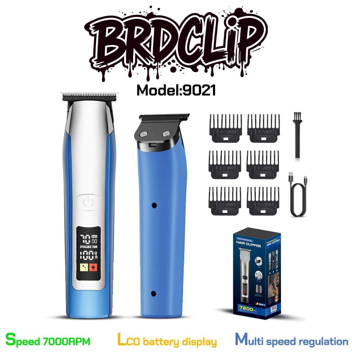 

BRDCLIP BRD-9021 Профессиональный парикмахерский домашний электрический триммер для волос 7000 об/мин с ЖК-дисплеем, машинка для стрижки лысины с гравировкой