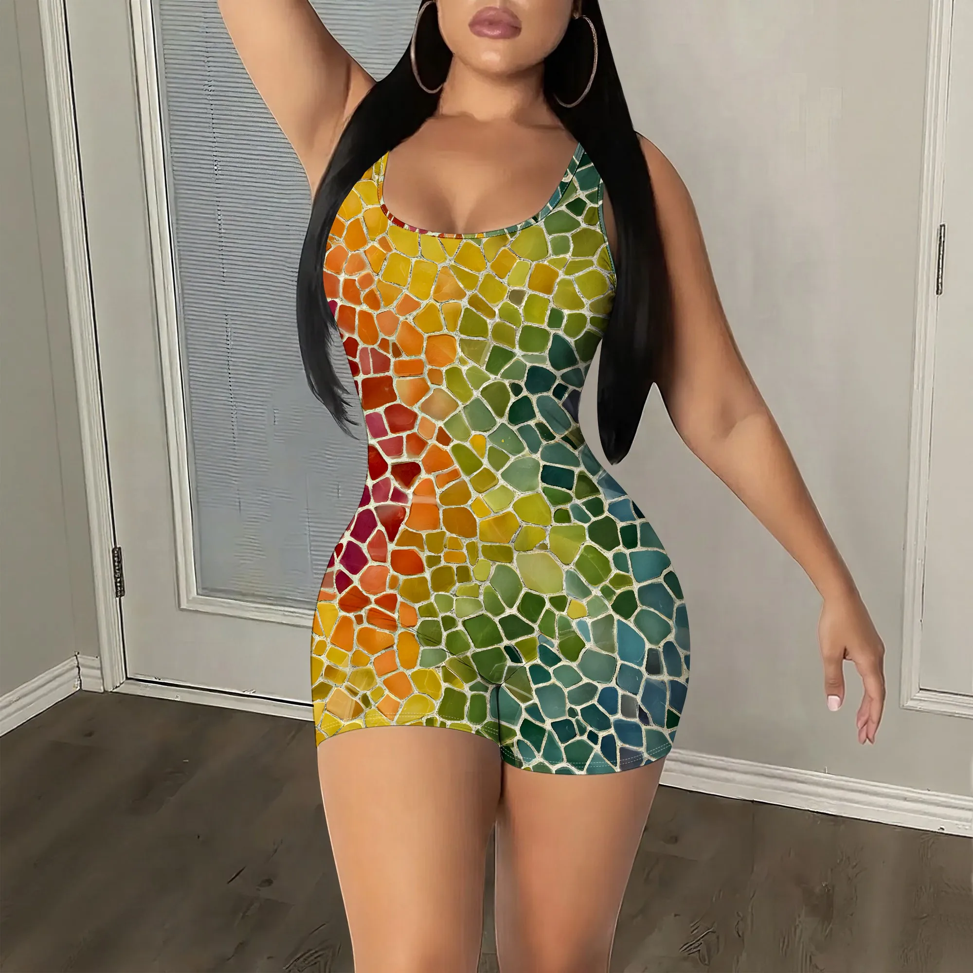 Mosaic Print Romper, Sleeveless Jumpsuit, Rainbow Pattern Playsuit, Summer Casual Wear, Beach Party Outfit, S-2XL