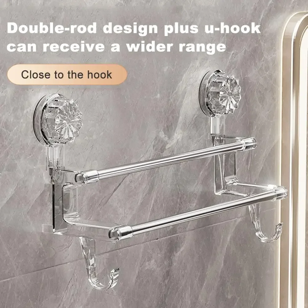 Dual-layer Suction Cup Towel Rack Stainless Steel Bath Towel Holder Shower Door  Rack Transparent Bath  Storage Rack