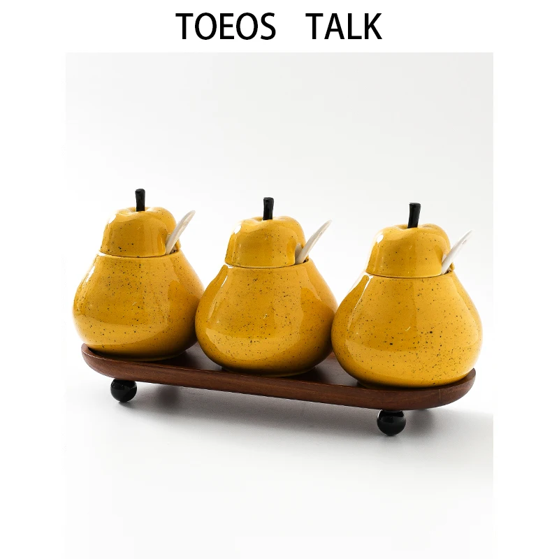 Cute Pear Shaped Ceramic Spice Bottle Set Kitchen Storage Containers Salt Pepper Sauce Holder Non- Dishwasher Safe