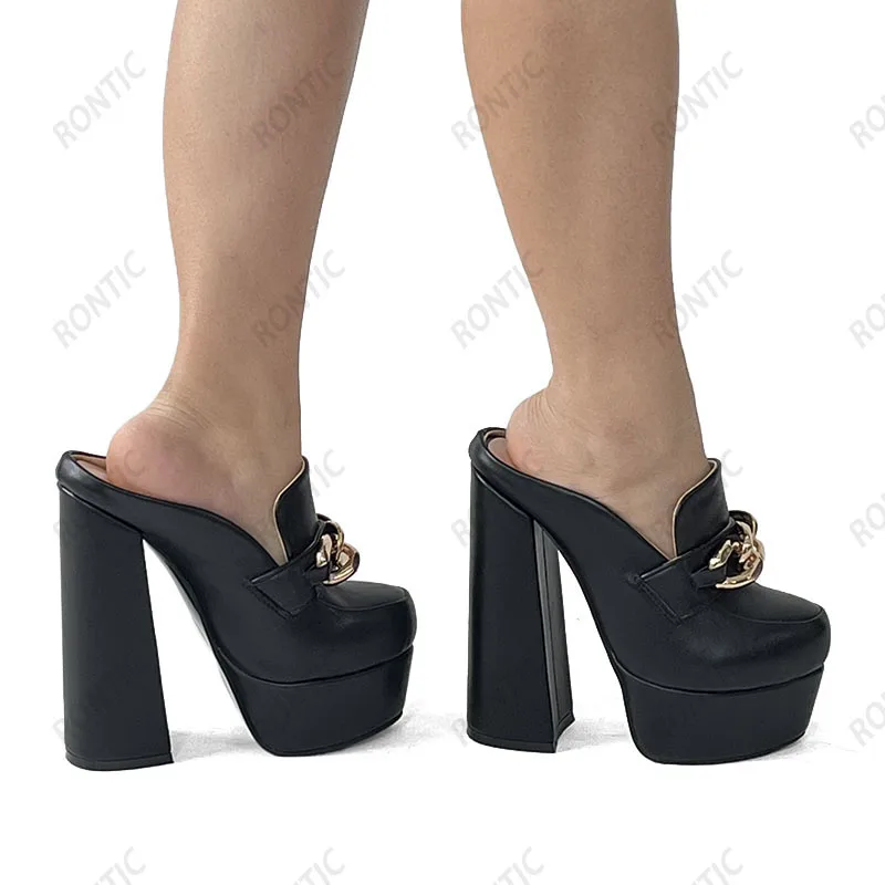 Rontic Handmade Women Platform Mules Pumps Sexy Chunky Heels Round Toe Pretty Black Street Shoes Ladies US Plus Size 5-20