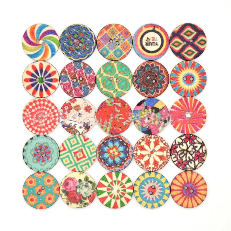 15/20/25mm 100pcs European Vintage Printed Round Wooden Buttons Creative Colourful DiY Sewing Buttons Sewing Supplies