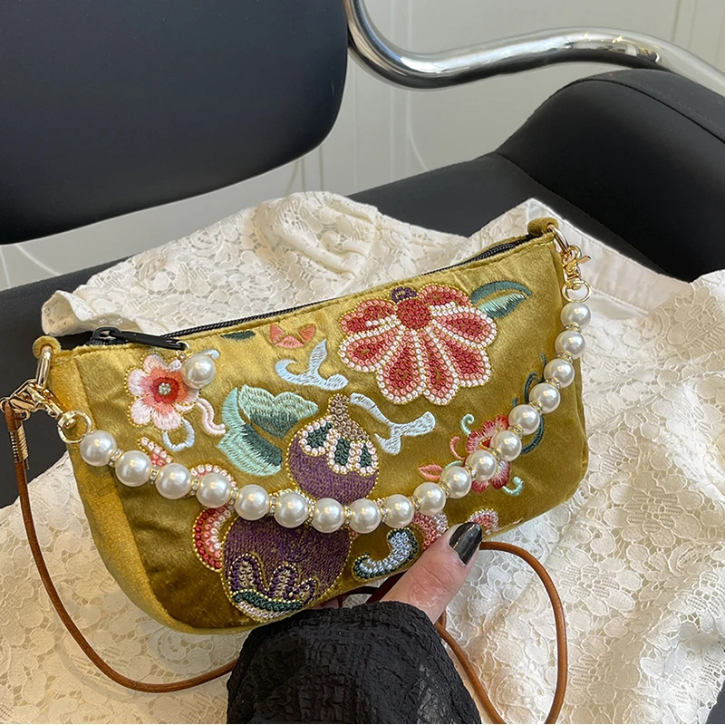 Chinese Style Embroidery Desig Handbag Floral Pattern Elegant Pearl Chain Underarm Bag Fashion Daily Crossbody Bag Women's Purse