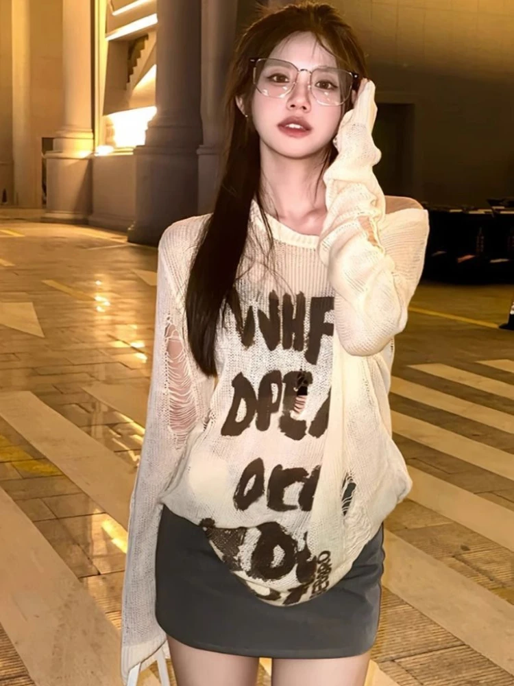 Deeptown Vintage Hollow Out Knitted Sweater Women Y2K Grunge Kpop Oversized Jumper Harajuku See Through Thin Knitwear Tops 2000s