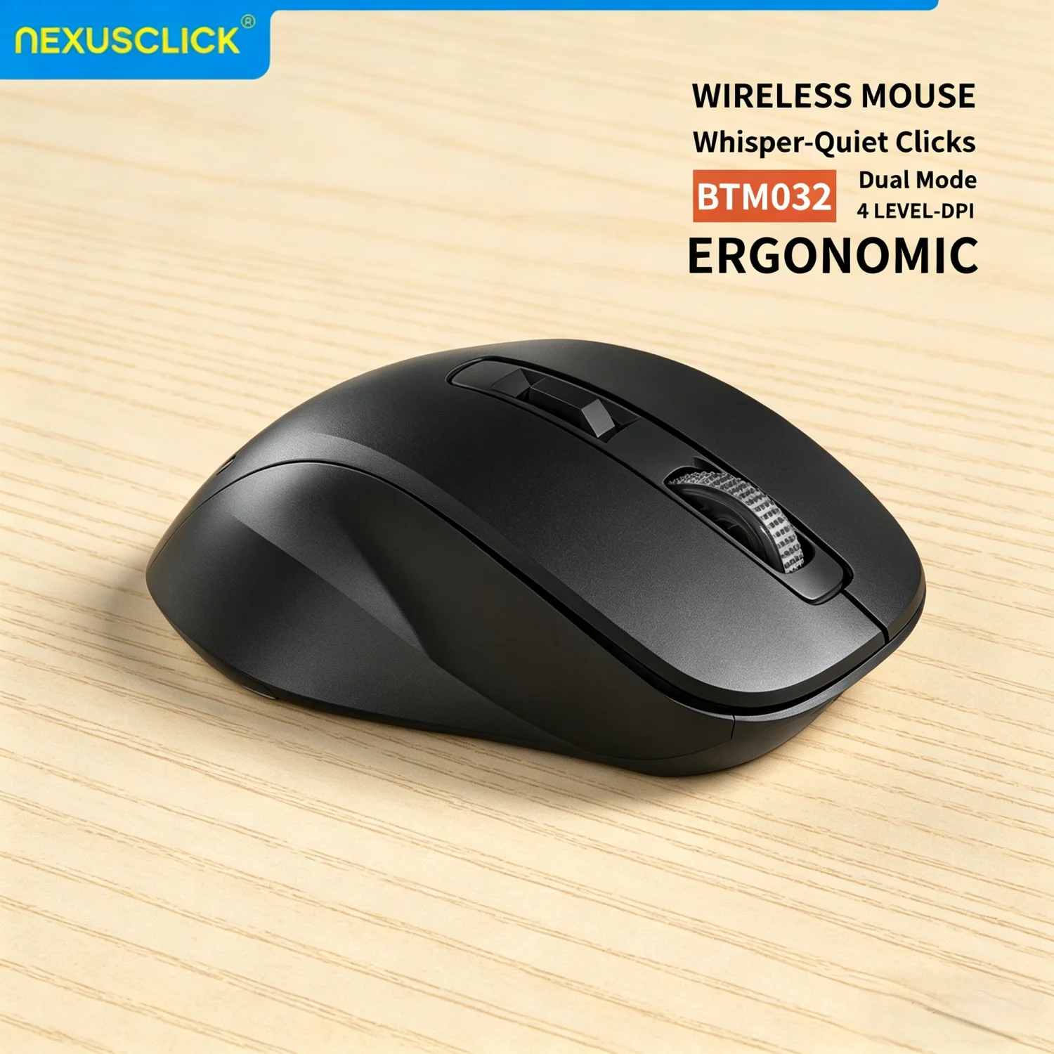 NexusClick Quiet Click Wireless Ergonomic Mouse, Dual Mode 2.4G/BT, 4 Adjustable DPI, Long Battery Life, for Home Dorm Laptop PC