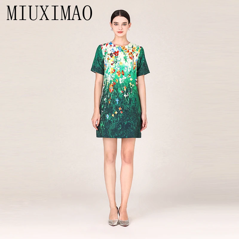 

MIUXIMAO 2023 High Quality Spring&Summer Diamond Dress Short Sleeve O-Neck Print Applique Fashion Mini Dress Women Vestide