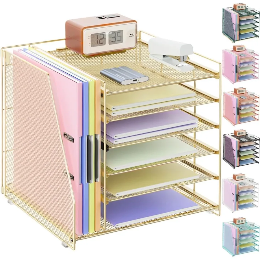 Organizador de papel de 6 niveles con revistero y organizador de archivos para escritorio Accesorios de oficina dorados y solución de almacenamiento para espacio de trabajo Id