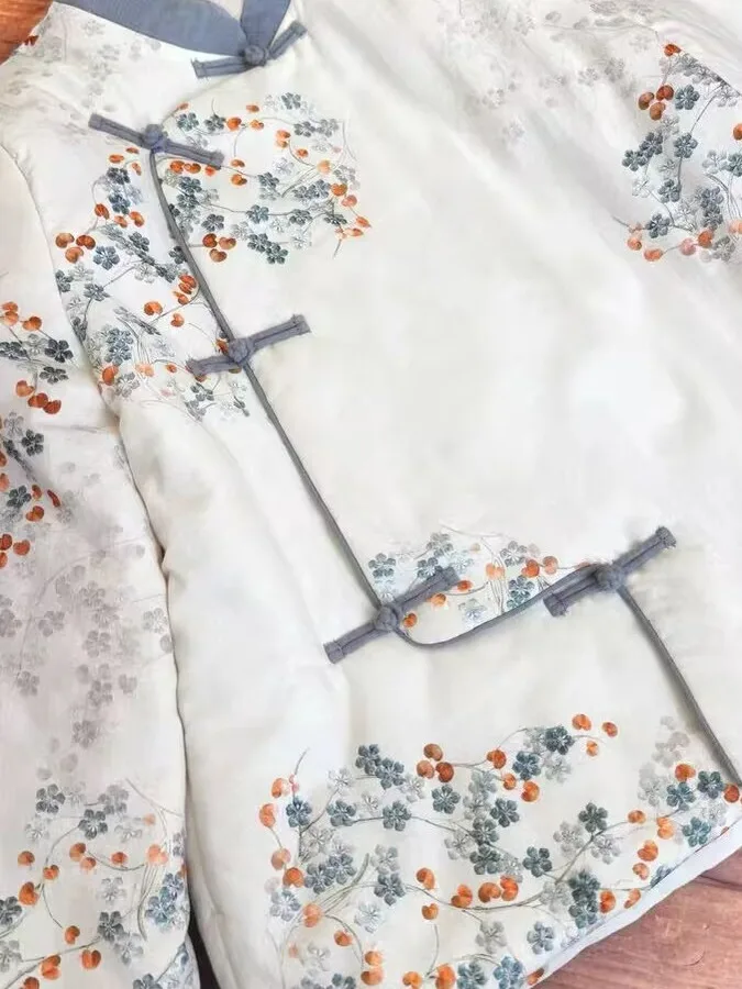 アーティスティックプリントコットンジャケット女性の冬ルーズコート大きいサイズ花柄装飾ボタン留めカジュアルファッションアウター