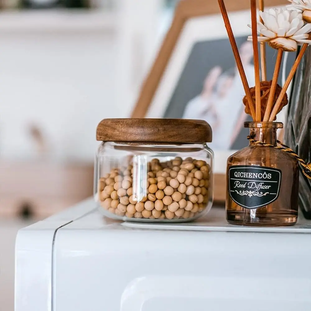 Glass Food  Containers with Wooden  - Small Coffee Jars - Pantry Organization for Overnight Oats, Cereal, Rice, Candy (10oz(300m