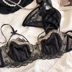 Sexy Underwired Ultra-Thin Lingerie Set Gathering Big Breasts Showing Small Satin Lace Half Cup Hollow Bra with Panty Suit