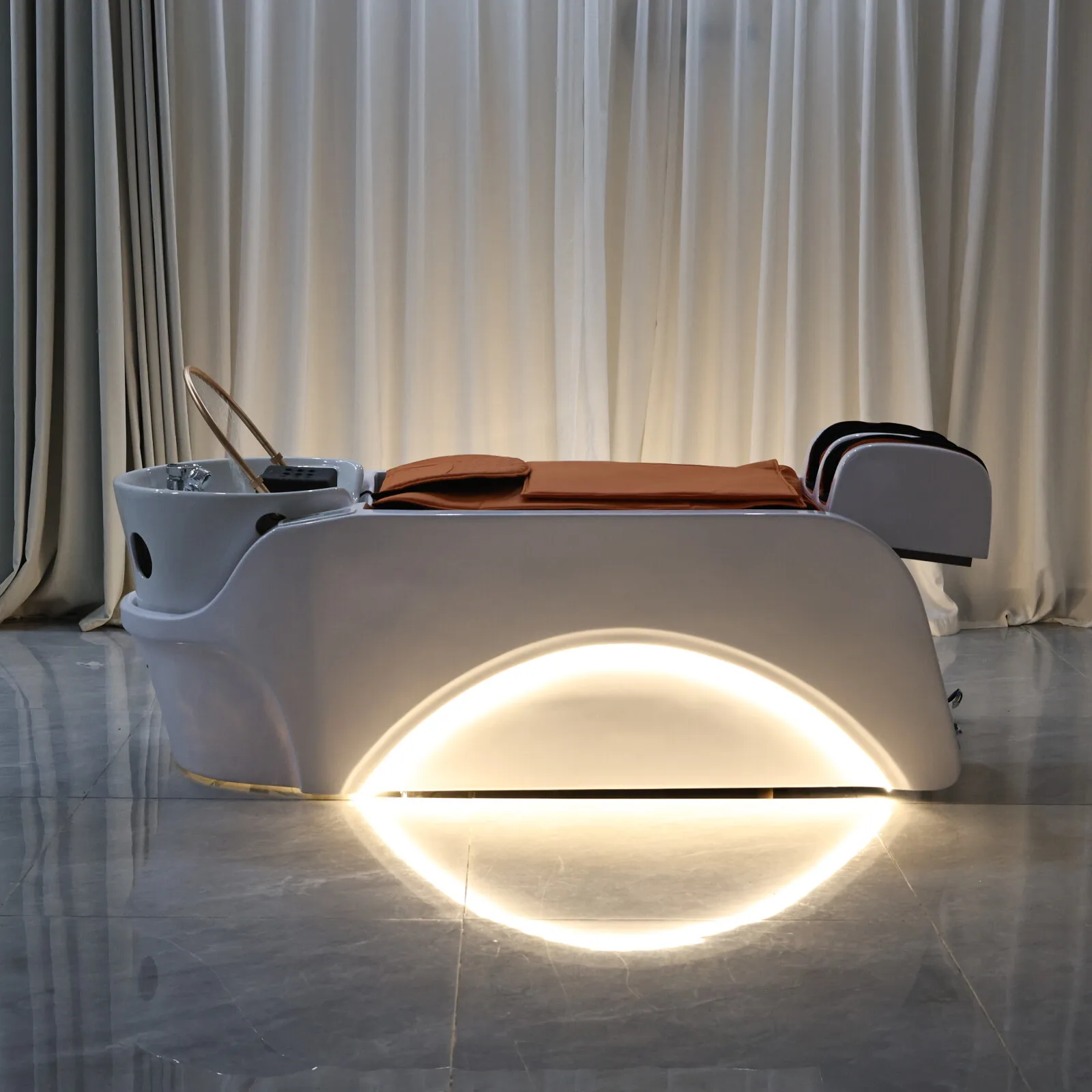 !@！@Professional Modern Salon Shampoo Bed with Air Bag Massage Ceramic Basin Adjustable Footrest for Hotel & Gym Use