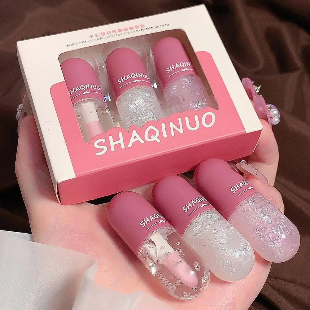 Shaqinuo ลิปกรอสแบบแคปซูลขนาดเล็กลิปกลอสธรรมชาติลิปกลอสมันสำหรับลิปกันน้ำยาวนานยาว3ชิ้น