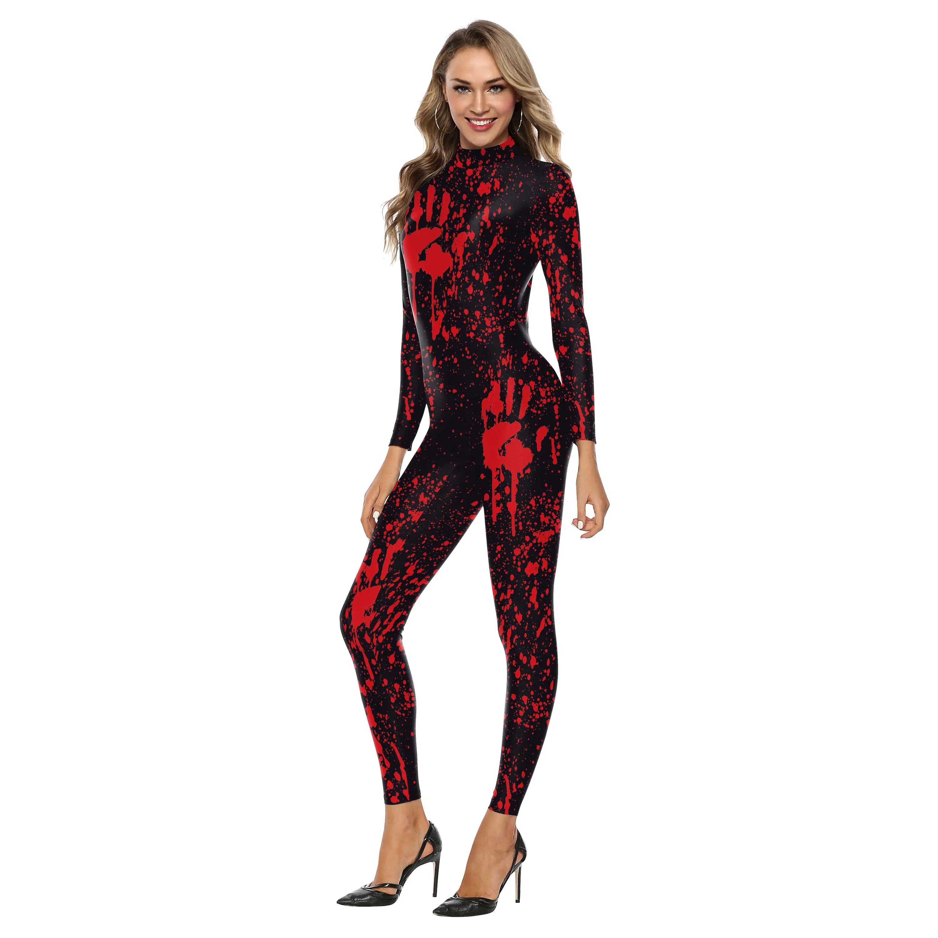 RE Halloween Red Blood Handprint Print Cosplay Costume Women Men Purim Sexy Bodysuit Adult Funny Clothes Party Tights Jumpsuits - view 3