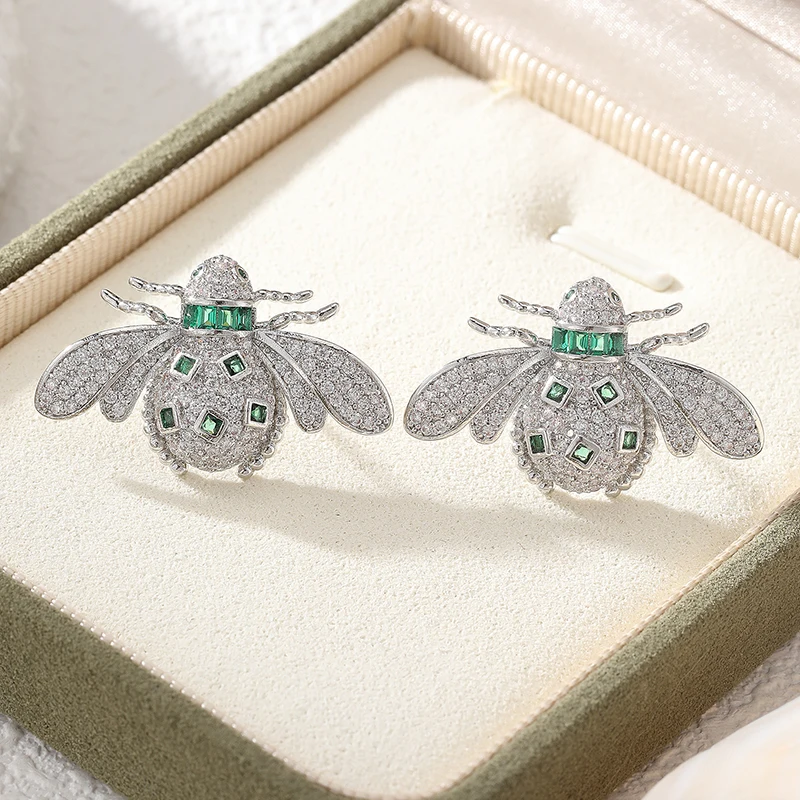 Fashion Color Zircon Stud Earrings Silver,Gold Plated Pave Setting Clear CZ Ladybug Design Women Earrings for Party Jewelry Gift