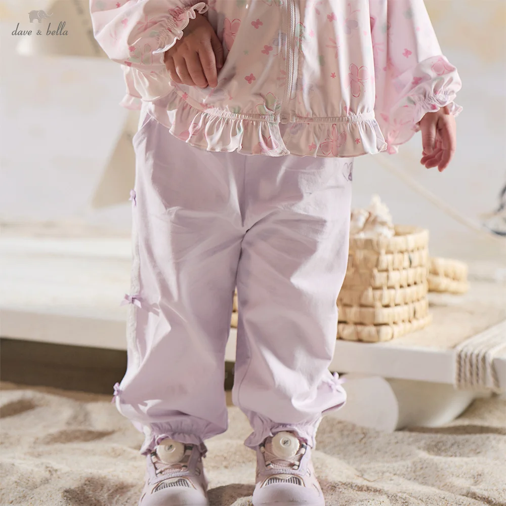 

Летние брюки Dave Bella для девочек, детская одежда, дышащие брюки с эластичной резинкой на талии, повседневные, с бантом, для вечеринок, хлопковые, спортивные, DB2252220-A