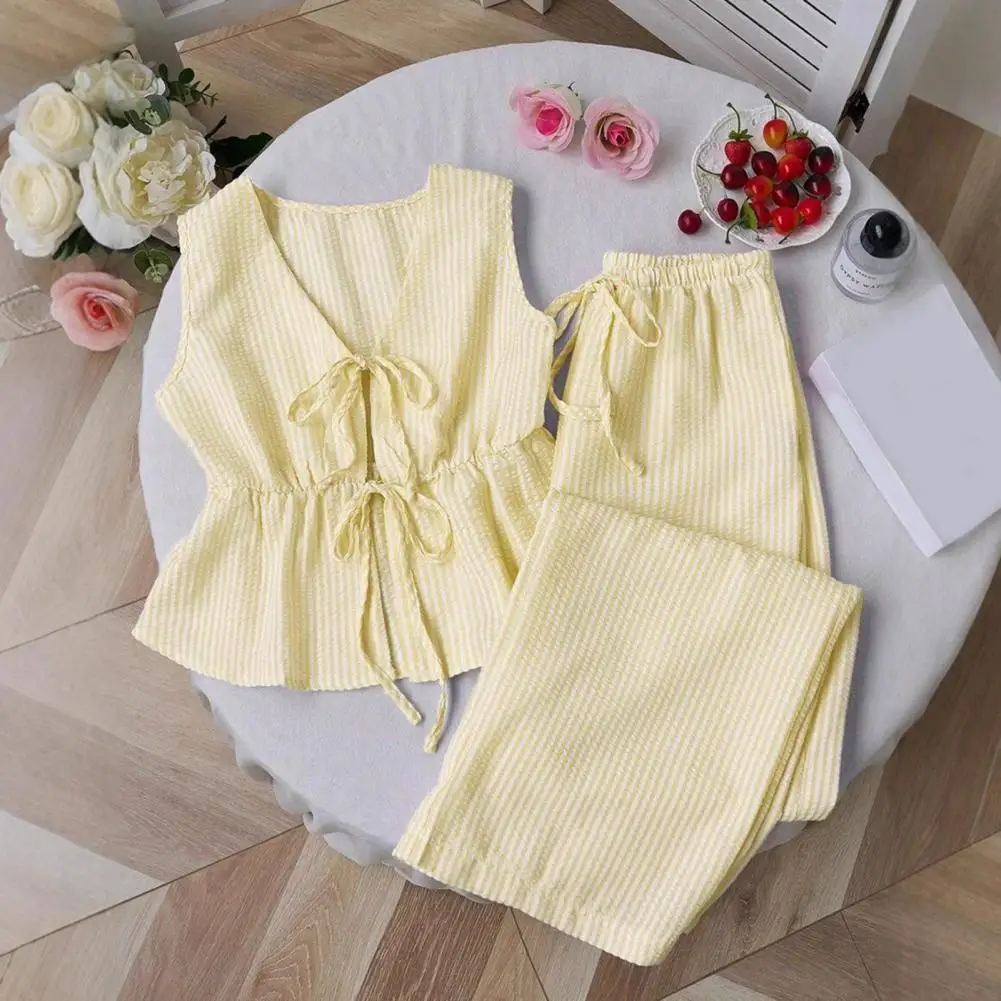 

Galactic Isle Women's Striped 2 Piece Outfits Tie Front Ruffle Tank Top And Wide Leg Pants Sets Casual Sleeveless Lounge Sets