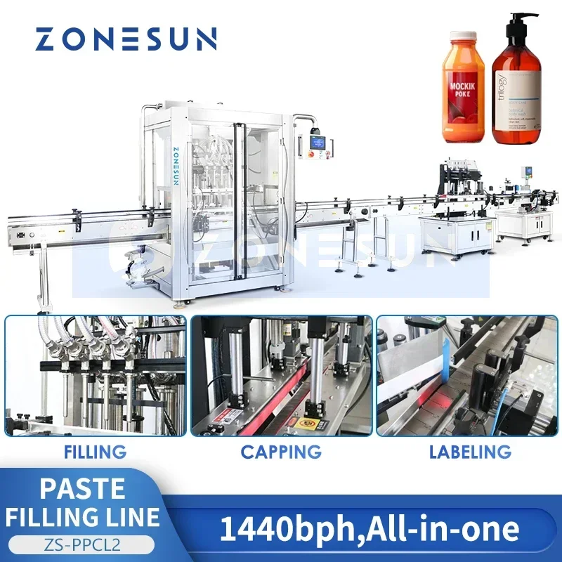 เครื่องบรรจุอัตโนมัติ ZONESUN ZS-PPCL2 พร้อมฝาปิดและติดฉลากแบบโมโนบล็อก ปั๊มลูกสูบ สายการบรรจุขวดขนาดเล็ก