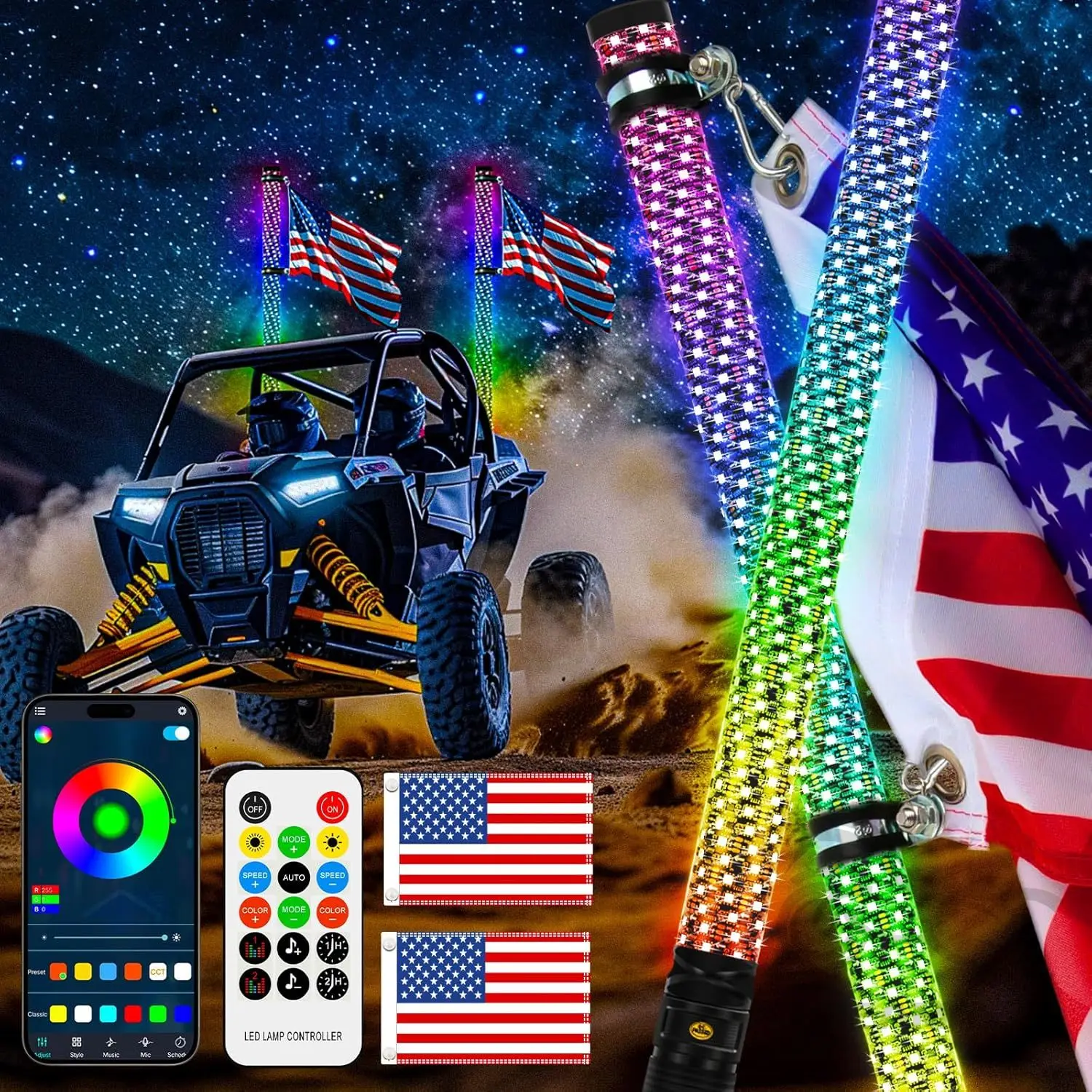 2 قطعة 3FT أضواء سوط الدهون مع التطبيق التحكم عن بعد LED مضاءة هوائي سوط مع وظيفة الفرامل دوامة RGB أضواء سوط سميكة