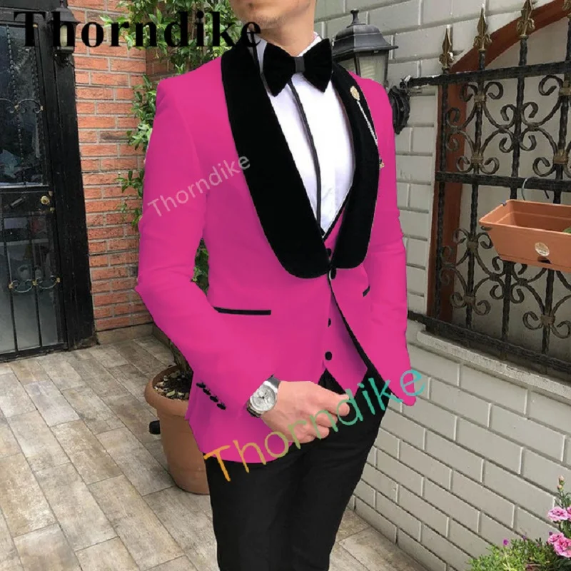 Thorndike-terno elegante do smoking dos homens, conjunto de 3 peças, rosa vermelha, baile, casamento, casaco blazer, calças fantasia, Homme, 2pcs