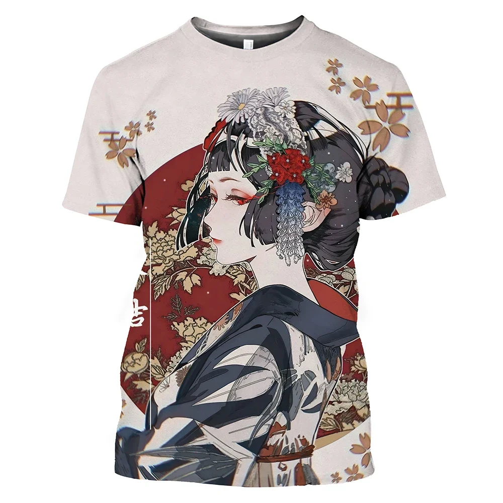 New Fashion Japanese Geisha graphic T-shirts Summer Trend Casual Street Style Printed O-Neck Short Sleeve Top Street Clothing