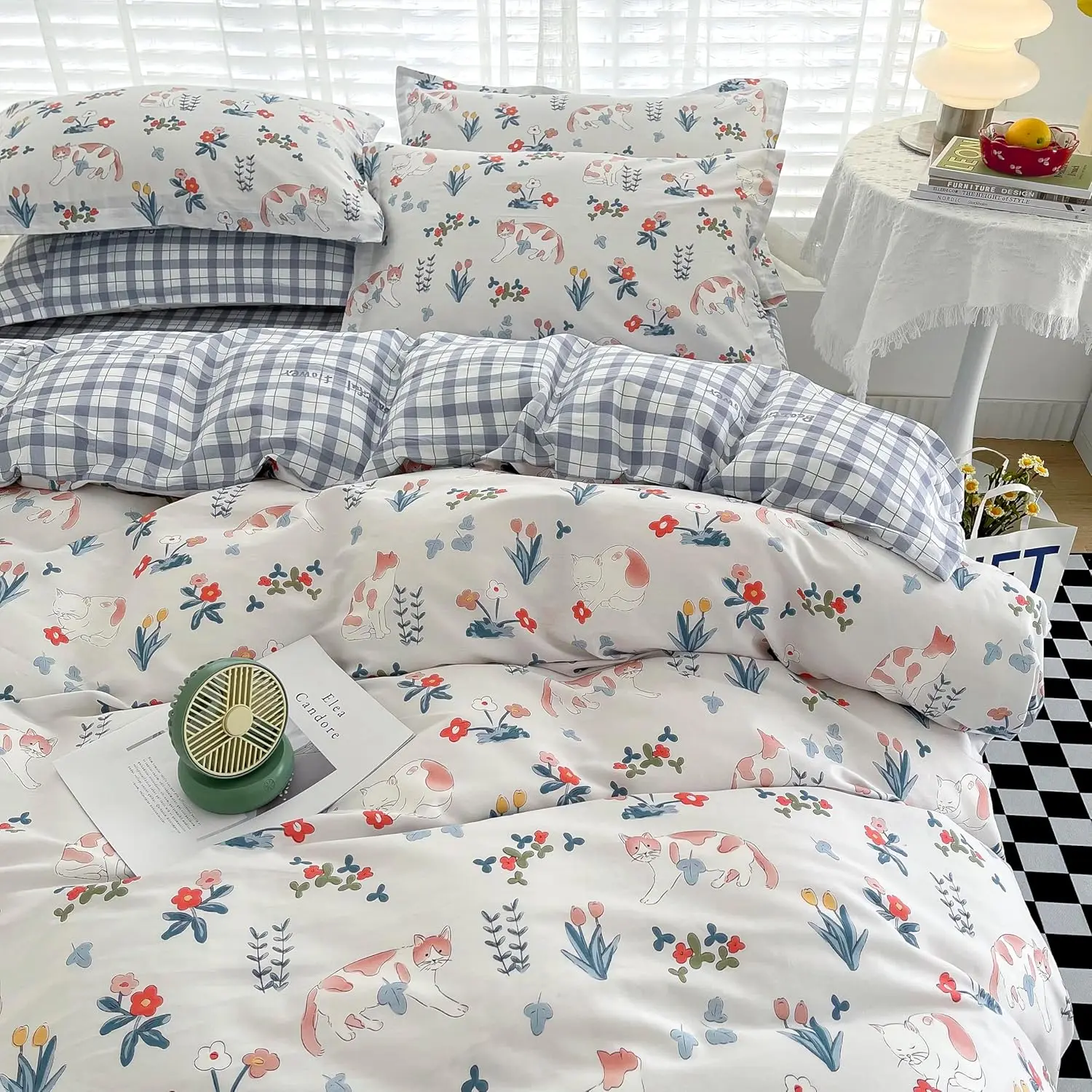 Cute Cat Duvet Cover Cotton 3 PCS Floral Bedding Sets All Seasons Comforter Covers for Boys Girls Kids Teen Dorm Preppy College