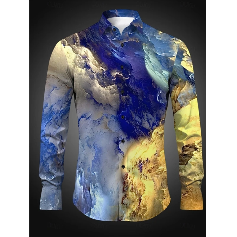 Men Casual Long Sleeve Shirt Gradient Blue‑gold Abstract‑cloud Design Turn‑down Collar Button‑down Holiday Outing Top