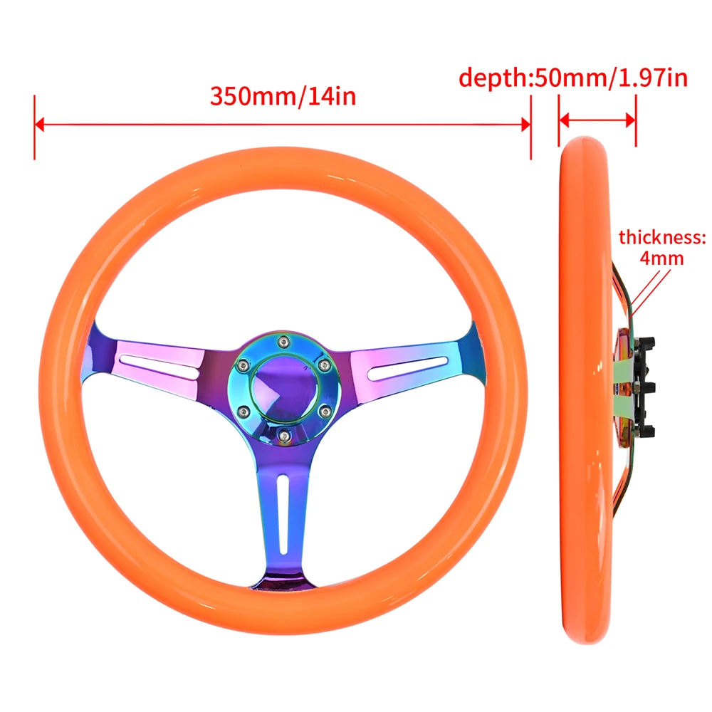 Fashion 350MM Classic Sport Steering Wheel Fluorescent Orange Solid Wood Composite Steering Wheel with Aluminum 3-Spoke