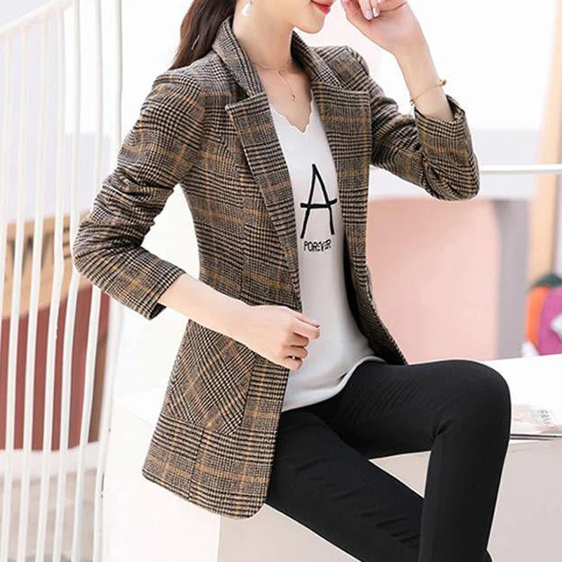 Women Korean Fashion Vintage Plaid Print Elegant Long Sleeve Suit Coat Autumn Winter Office Lady Chic Slim Notched Casual Blazer