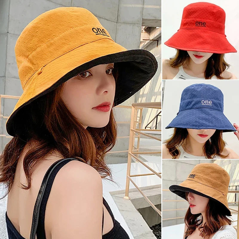 Fashion Letter Embroidery Reversible Design Cotton Bucket Hat For Women