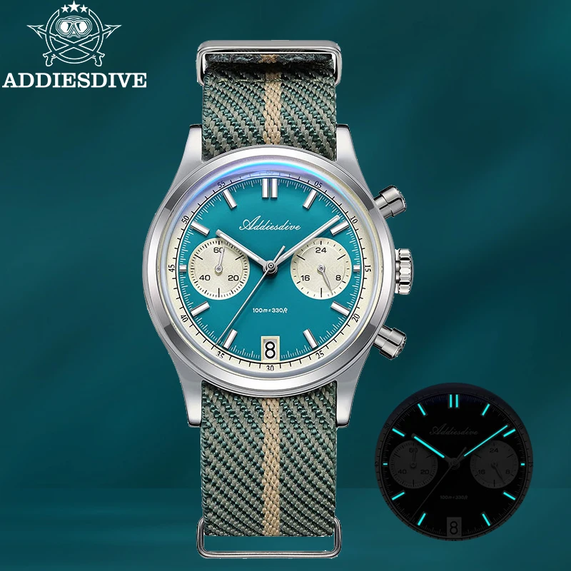 

ADDIESDIVE 38mm Chronograph Watch New Luxury Bubber Domed Glass BGW9 Luminous Diving 100m Waterproof VK64 Quartz Wristwatch Men