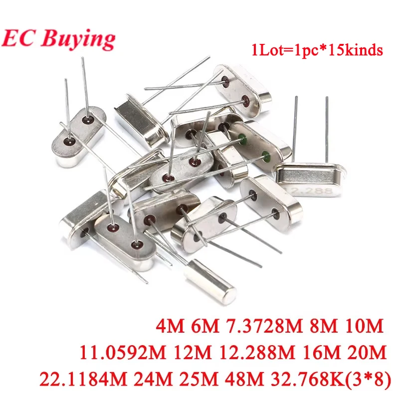 15pcs/lot Crystal Oscillator Electronic Kit Resonator Ceramic Quartz HC-49S 4/6/8/10/11.0592 /12.288/16/20/22.1184/24/25 /48MHZ