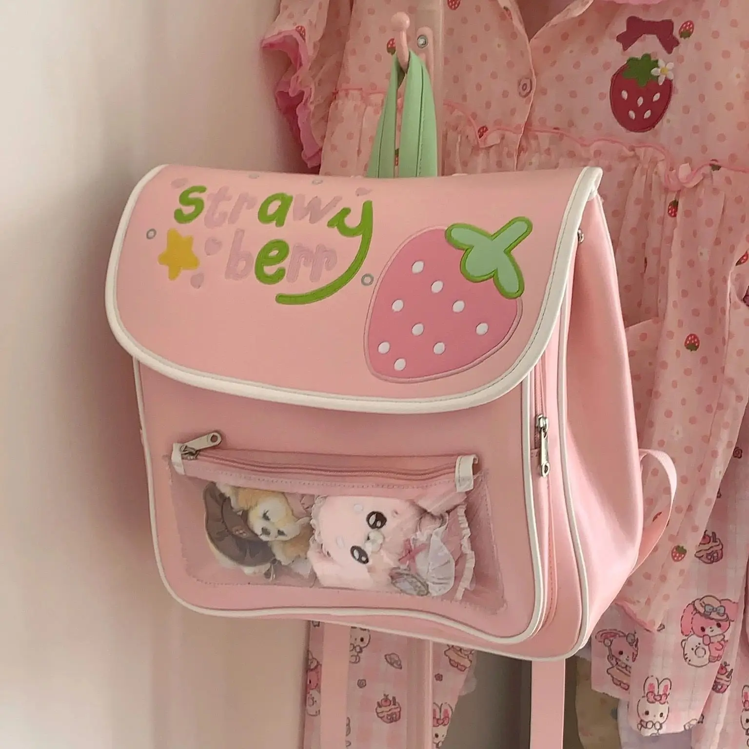 

Японский милый милый клубничный рюкзак, женский большой вместительный прозрачный аниме Ita Bag, женский розовый рюкзак с вышитыми буквами