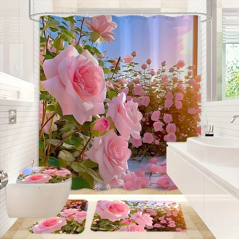 Sunlit pink rose floral shower curtain set with non-slip bath mats toilet cover, waterproof and stain resistant fabric bathr