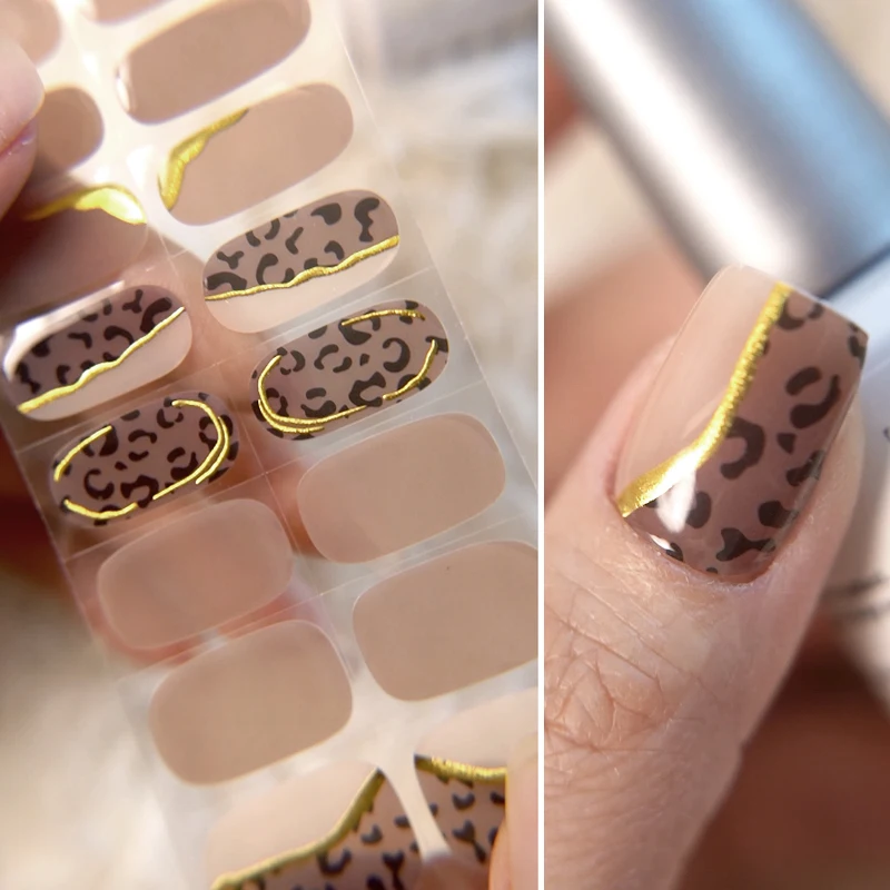 16Tips Nail Strips Leopard Nail Stickers Semi Cured Full Cover Gel Nail Polish Strips Manicure French Print Nail Patch 3D Sticke
