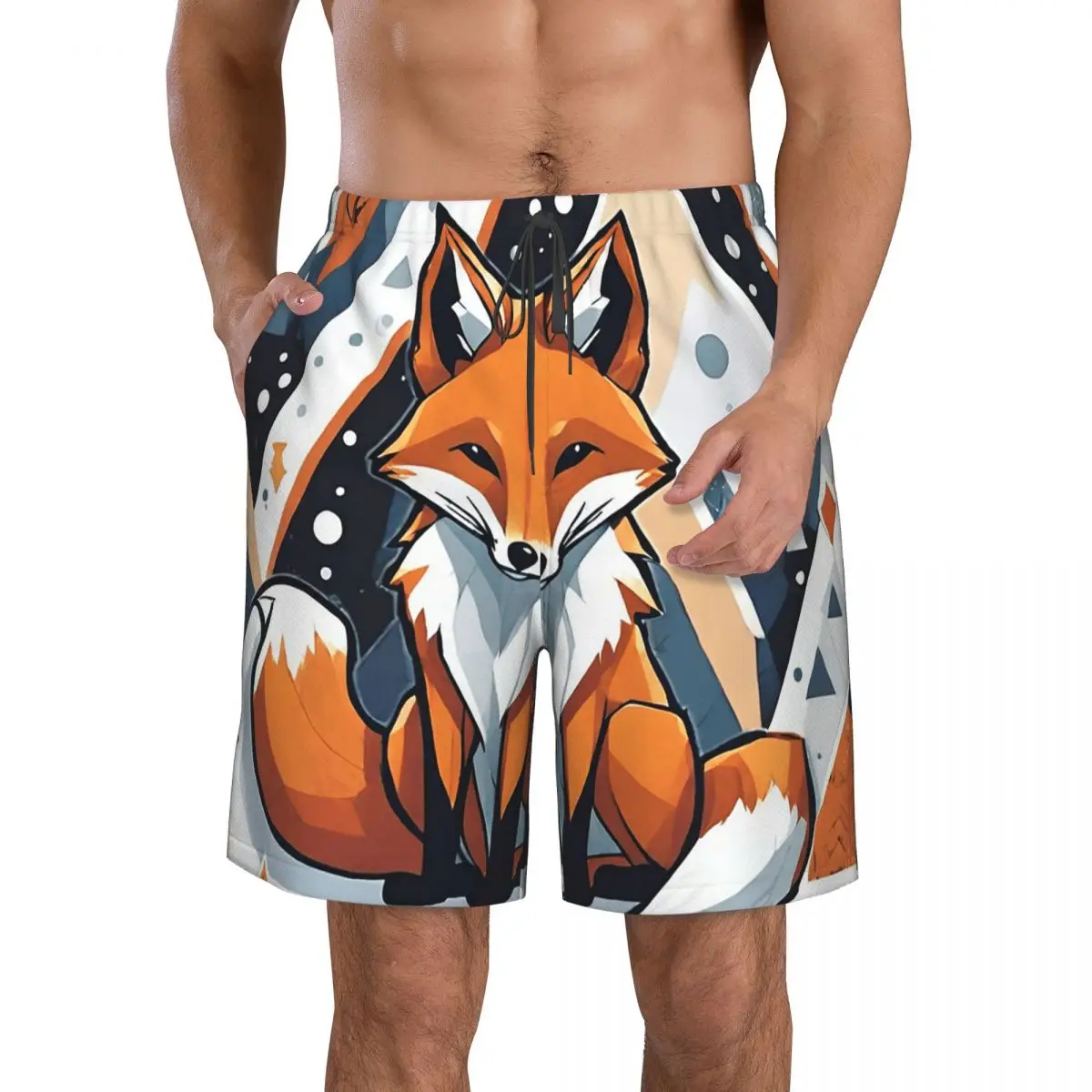 Smiling Geometric Fox Trunks Beach Board Shorts Casual Quick Dry Swimming Summer Men Pants