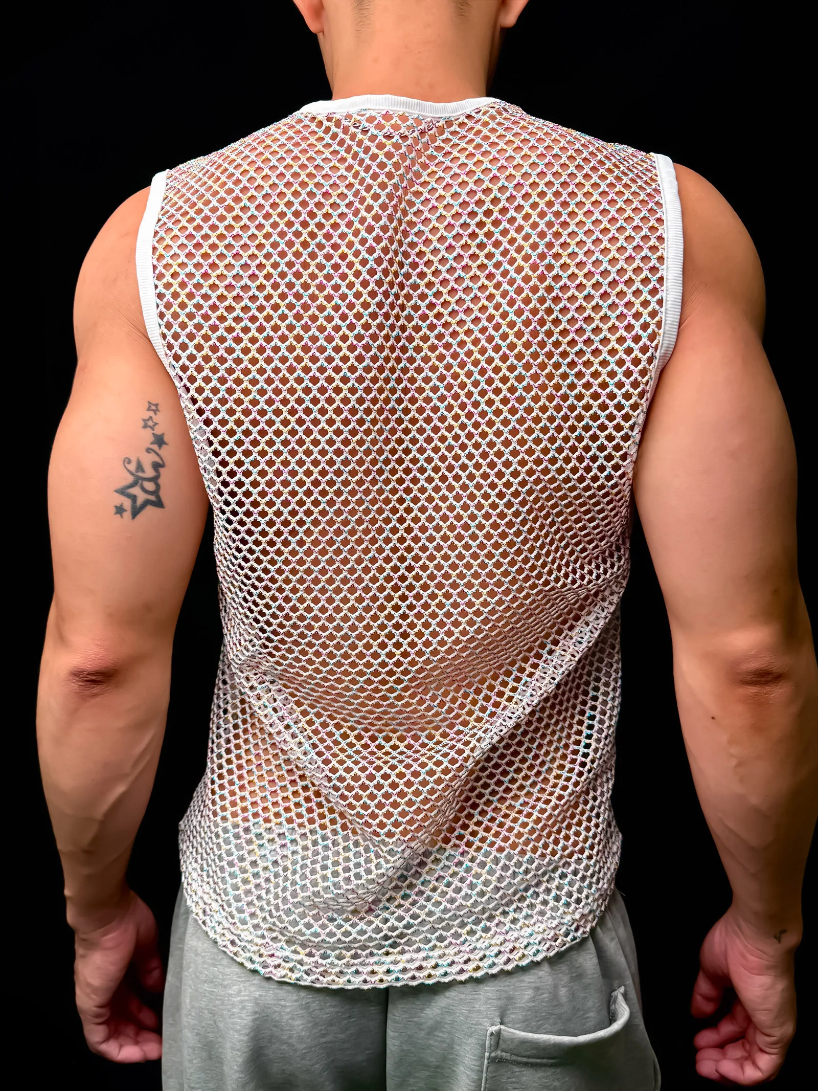 Sommer Herren Rundhals Sport-Tanktops, Hohles Netzgewebe, Ärmellos, für Laufen, Fitness, Training, Sportweste, Glänzend, Durchsichtig – Detail 12
