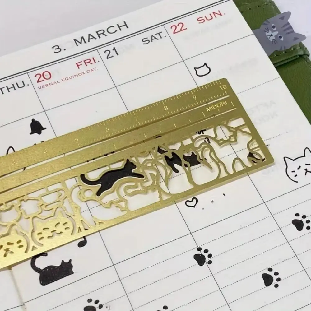 Double-Sided Cat Pattern Ruler Precision Educational Cat Template Ruler Stationery Tool Kawaii Metal Bookmark Painting Drawing