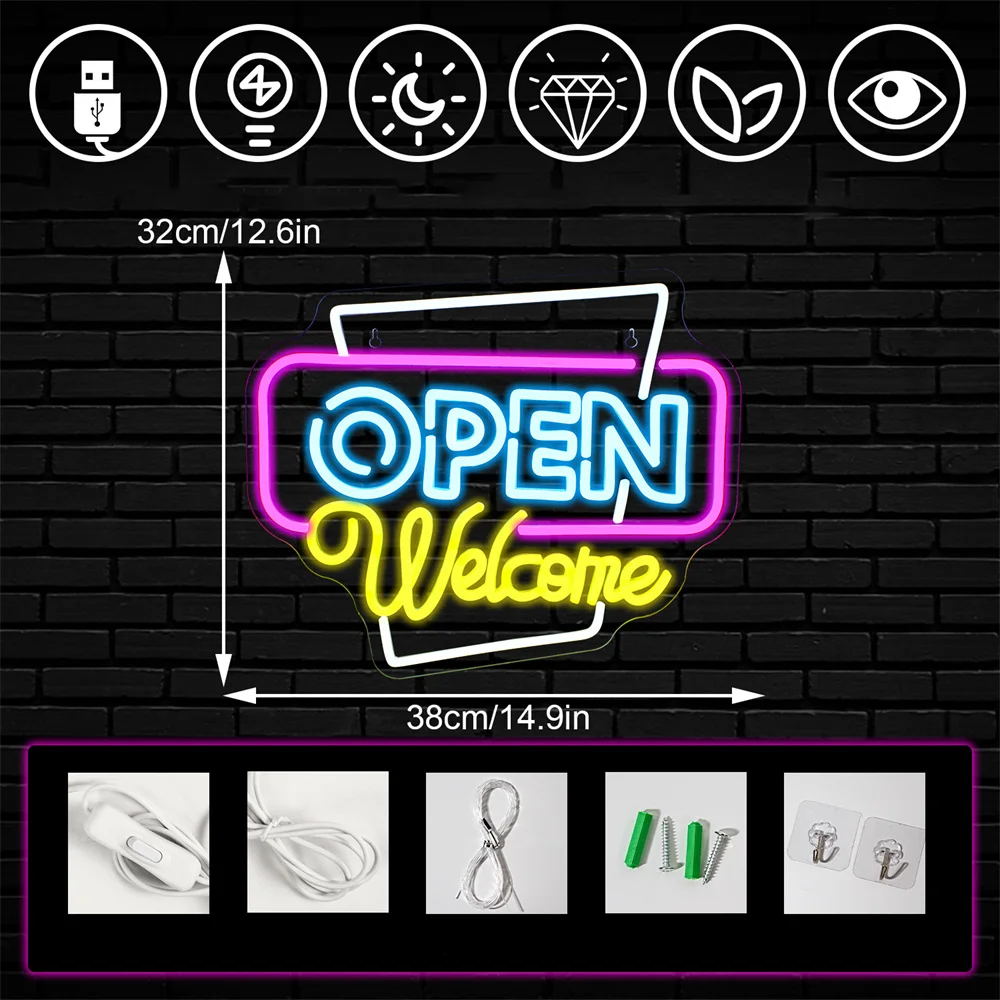 Open Welkom Neon Led Sign Art Neon Lichten Lichtgevende Zakelijke Borden Usb Power Reclame Uithangbord Wandlampen Winkel Logo