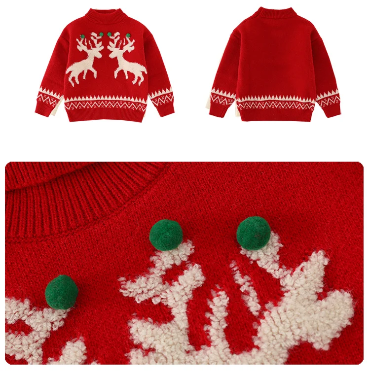 Kinder-Weihnachtspullover-Kostüm für Mädchen, Neujahrspullover mit Hirschmotiv, gestrickte Kleidung, Kinder-Rollkragenpullover, rote Strickware, Alter 4-13 Jahre – Detail 13