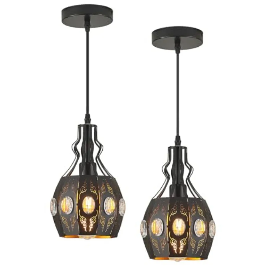 

Black Lantern Pendant Lights Bedroom Restaurant 2 PK Farmhouse Kitchen Island Pendant Ceiling Light with 6.07 Feet Wire Hanging