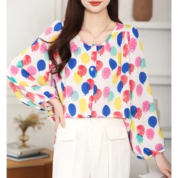 Women Clothing French Style Polka Dot Lantern Sleeve Chiffon Shirt Spring Summer Casual Loose O-neck Button Blouses Fashion Tops