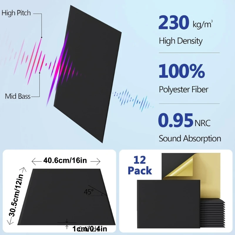 Juego 12 paneles espuma acústica autoadhesivos, paneles pared insonorizados forma rectangular, adecuados para