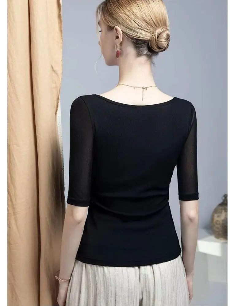 Slash Neck Mesh Sheer Spliced Top Women's Half Sleeve Blouse 2026 Summer New Arrival Semi-Sheer Undershirt Casual T-Shirt