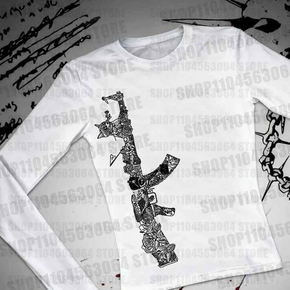 Y2K Harajuku retro street style gothic punk printed women's long sleeved T-shirt casual slim fit sexy fashionable decadent girl'