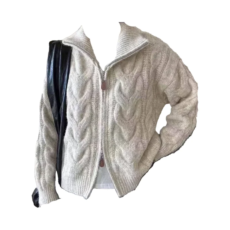 

Women's Beige Zipper cardigan Sweater with Flip Collar Long Sleeve Y2K High Street Aesthetic 2000S Retro Sweater Winter Clothing