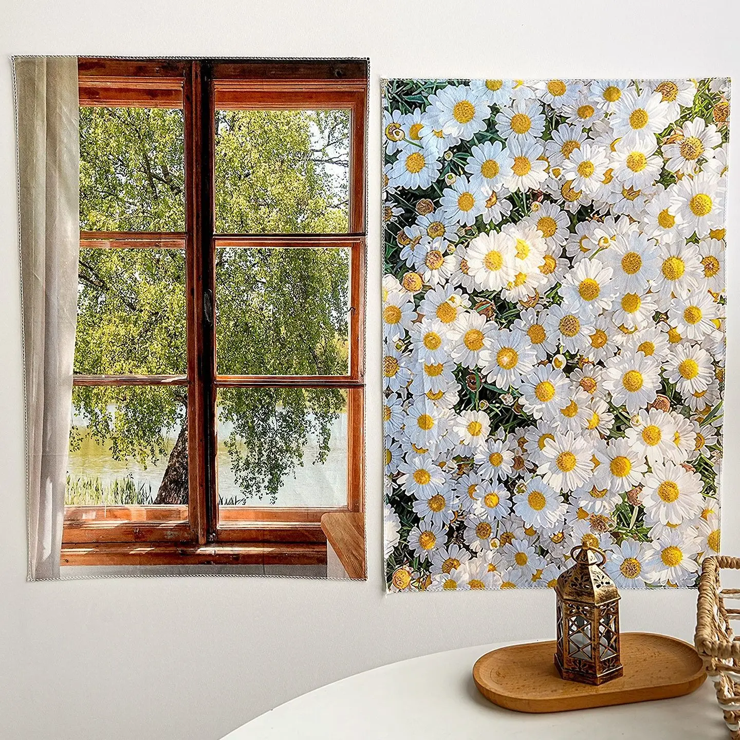 Pastoral style daisy flower hanging cloth ins bedroom fake window wall background cloth room background wall decoration cloth