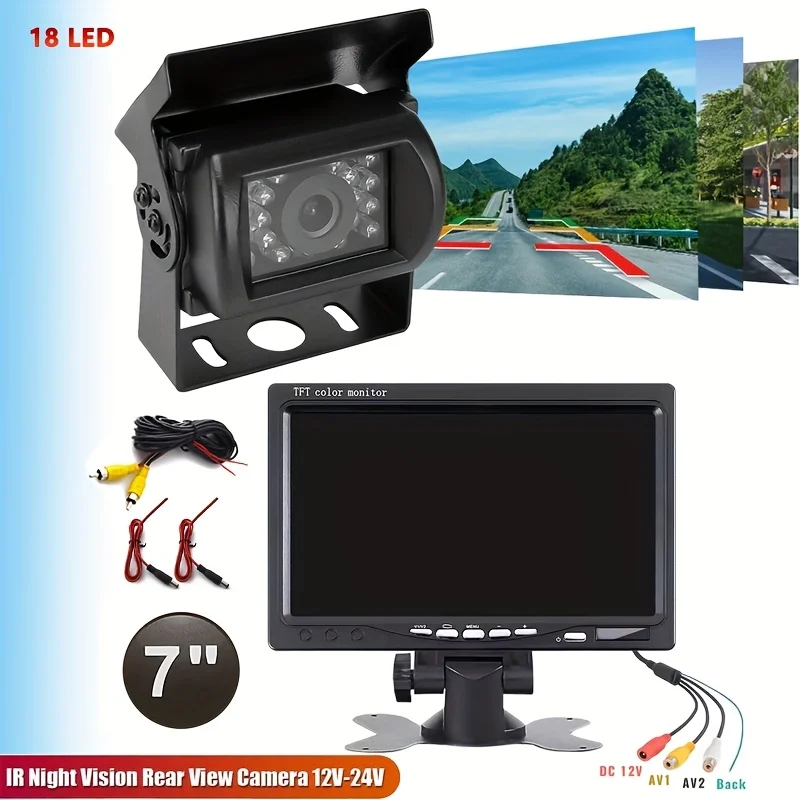 7-Inch TFT-LCD Rear View Monitor Compatible for Cars/SUVs/RVs 18LED Backup Camera System, 10m Cable, Dual-Channel Video Input